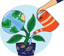 Nurturing our planet with care, a hand waters a plant that grows into Earth, symbolizing environmental stewardship and a hopeful future.