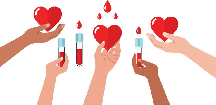 Diverse hands share vital blood donations and hearts, symbolizing life-saving generosity and community support.
