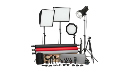 Comprehensive professional photographic lighting and backdrop equipment collection arranged against a solid black background
