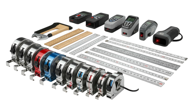 Assortment of precision measuring instruments displayed against a dark background