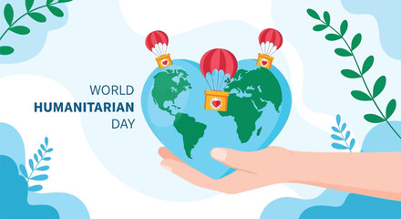 Compassionate hand cradles heart-shaped Earth, delivering aid via parachuting boxes, celebrating global unity and kindness on World Humanitarian Day.