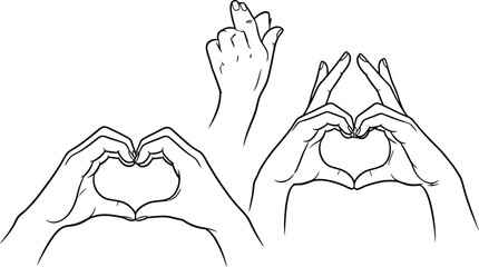 Expressive hand gestures forming hearts and a playful snap convey love, connection, and dynamic communication in this clean line art style.