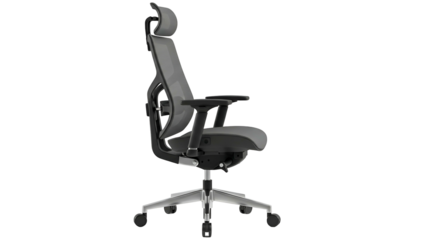 Ergonomic executive office chair features adjustable components rendered against a dark background