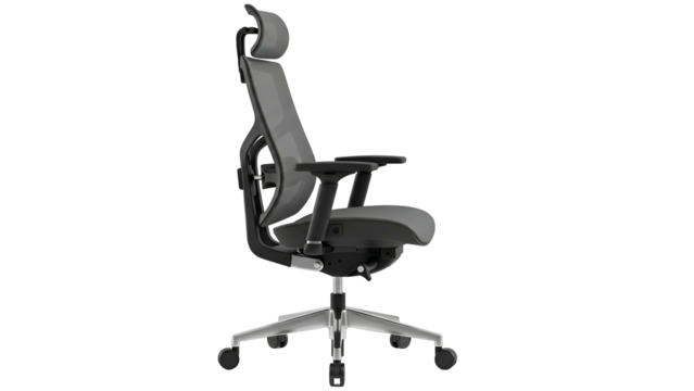 Ergonomic executive office chair features adjustable components rendered against a dark background