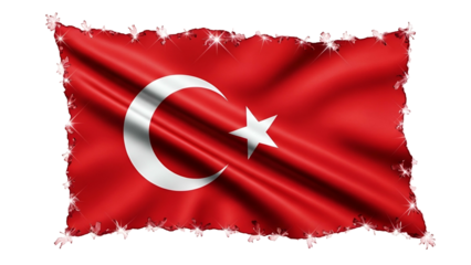 National banner featuring a star and crescent motif rendered with silky texture and sparkling, ragged edges against a dark background