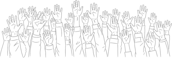 Diverse crowd enthusiastically raising hands seeking attention or participation in a vibrant meeting or event
