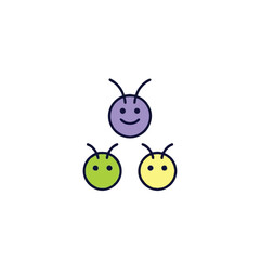 A whimsical vector illustration showcases three cartoon insect faces in a triangular arrangement, each with unique colors and expressions against a clean white background.