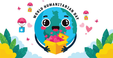 Joyful cartoon Earth shares love and aid from a bright yellow box, symbolizing global humanitarian efforts with parachuting medical supplies and hearts.