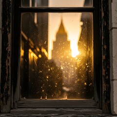 A view of a city skyline through a dusty, old window with sunlight streaming in during sunset, creating a warm and nostalgic atmosphere