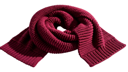 Knitted winter accessory featuring rich magenta texture coiled elegantly against a dark background