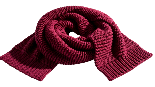 Knitted winter accessory featuring rich magenta texture coiled elegantly against a dark background