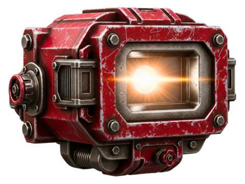 Worn industrial science fiction projector with a glowing lens on a transparent background