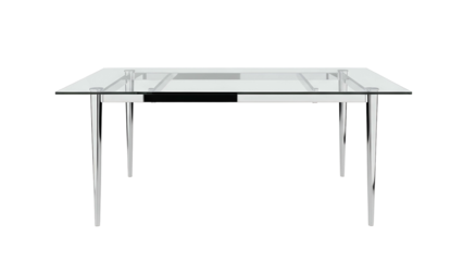 Rectangular dining surface supported by sleek metallic legs against a dark background