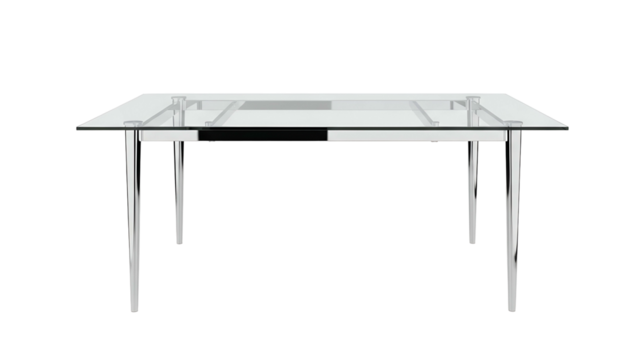 Rectangular dining surface supported by sleek metallic legs against a dark background