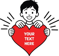 Joyful young person holding vibrant red heart with customizable text, radiating happiness and love with celebratory rays