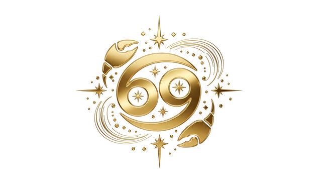 Stylized golden representation of the zodiac symbol for the water sign Cancer with celestial accents against a dark background