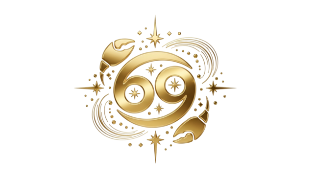 Stylized golden representation of the zodiac symbol for the water sign Cancer with celestial accents against a dark background