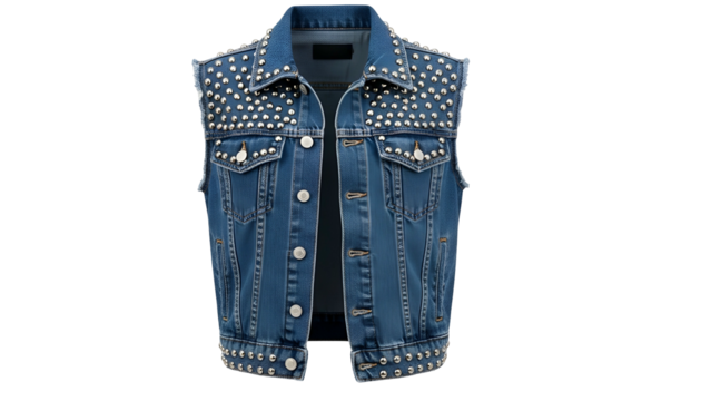 Sleeveless denim outerwear embellished with numerous metallic studs on the shoulders and hem