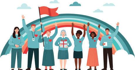 Diverse group celebrates unity and hope with vibrant rainbow and red flag, embodying community spirit and shared achievement.