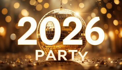 Golden disco ball with the year twenty twenty six and the word party on a bokeh background image, happy new year of 2026