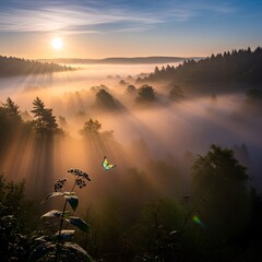 Beautiful sunrise over a misty forest landscape with sun rays piercing through the trees and a butterfly in the foreground, creating a serene and enchanting scene
