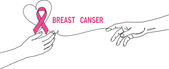 Empowering pink ribbon heart held by caring hands connects to reaching hands, symbolizing hope and support for breast cancer awareness month.