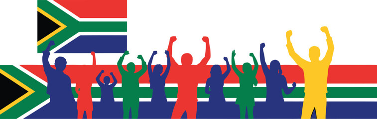 Vibrant silhouettes of diverse youth celebrating enthusiastically with arms raised against the South African flag backdrop for Youth Day.