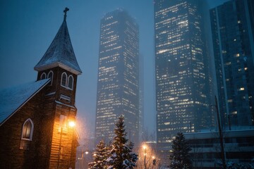 A church with a clock tower in the background