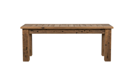 Rectangular rustic wooden table constructed from weathered planks isolated on black background