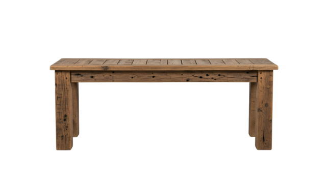 Rectangular rustic wooden table constructed from weathered planks isolated on black background