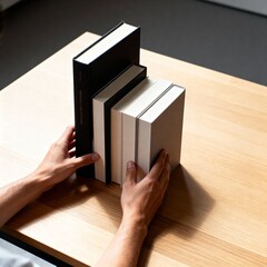 Adult Hands Organizing Books on Table