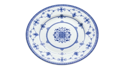 Ceramic dinnerware featuring intricate blue and white floral patterns displayed against a solid black background
