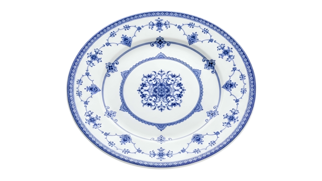 Ceramic dinnerware featuring intricate blue and white floral patterns displayed against a solid black background