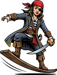 Fototapeta premium buccaneer spirit unleashed a daring pirate maidens plank surfing prowess, isolated on transparent background