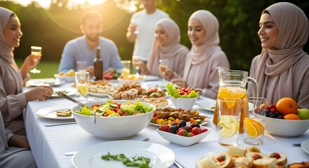 A happy family with children enjoying a meal together, eating food at a table at home or outdoors