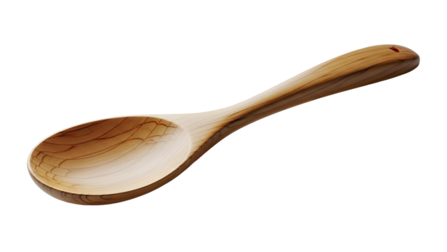 Smooth wooden cooking spoon rests diagonally against a solid black background