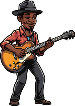 charismatic blues guitarist struts with rhythmic flair, bringing melodies to life, isolated on transparent background