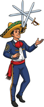 charismatic mariachi maestro masterfully balances sharp swords, captivating audiences with daring skill, isolated on transparent background