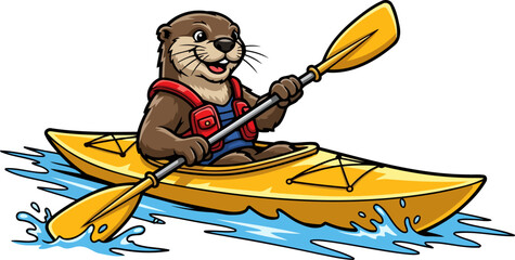 charming otter explores waterways, happily paddling his bright yellow kayak adventure, isolated on transparent background