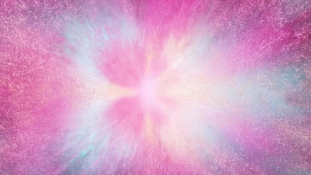 Abstract burst of pink, white, and teal colors, with small flecks of light radiating outward