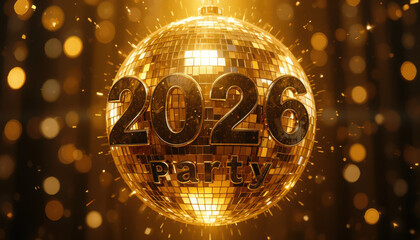 happy new year of 2026 ,A golden disco ball with the text party and the year 2026 in front of a bokeh background