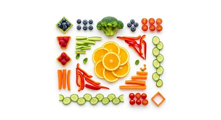 Flat lay of colorful raw produce like broccoli, carrots, and oranges organized in a geometric shape, representing a healthy eating and balanced diet concept