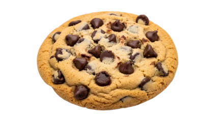 Round baked confection studded with dark brown morsels sits isolated on a dark background