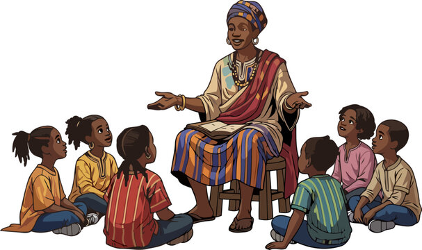 community matriarch ignites learning, weaving ancestral stories into curious childrens hearts, isolated on transparent background