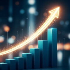 A digital illustration of a rising bar graph with an upward arrow symbolizing growth and success in business or finance