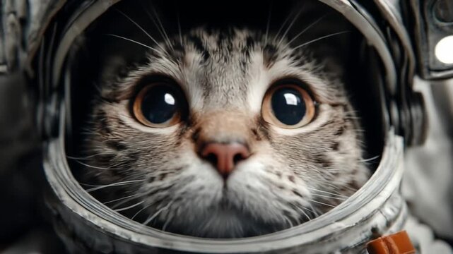 Curious tabby cat peers through a space helmet visor, wide-eyed and whiskers twitching in awe today