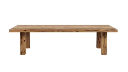 Solid wooden dining table with a rustic appearance displayed against a black background