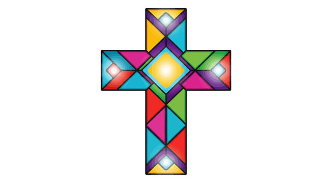 A vibrant stained glass cross with geometric patterns and a central yellow diamond.