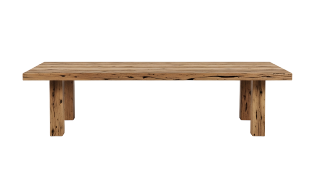 Solid wooden dining table with a rustic appearance displayed against a black background
