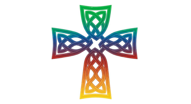 A Celtic cross with intricate knotwork rendered in a vibrant rainbow color gradient on a white background.